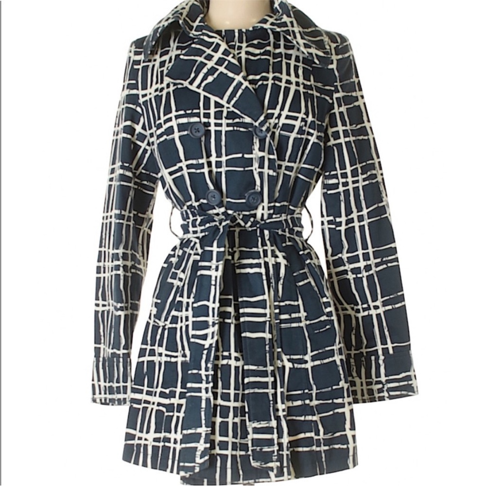 Target Merona Navy Blue & Cream Geo Print Belted Rain Jacket Trench Coat, Size S